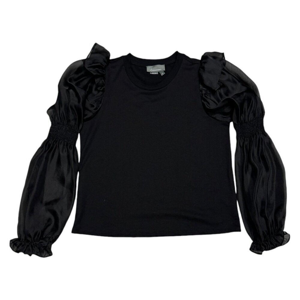 Anthropologie Ruffled Sheer Puffy Sleeve Womens Black Blouse Top Shirt Medium